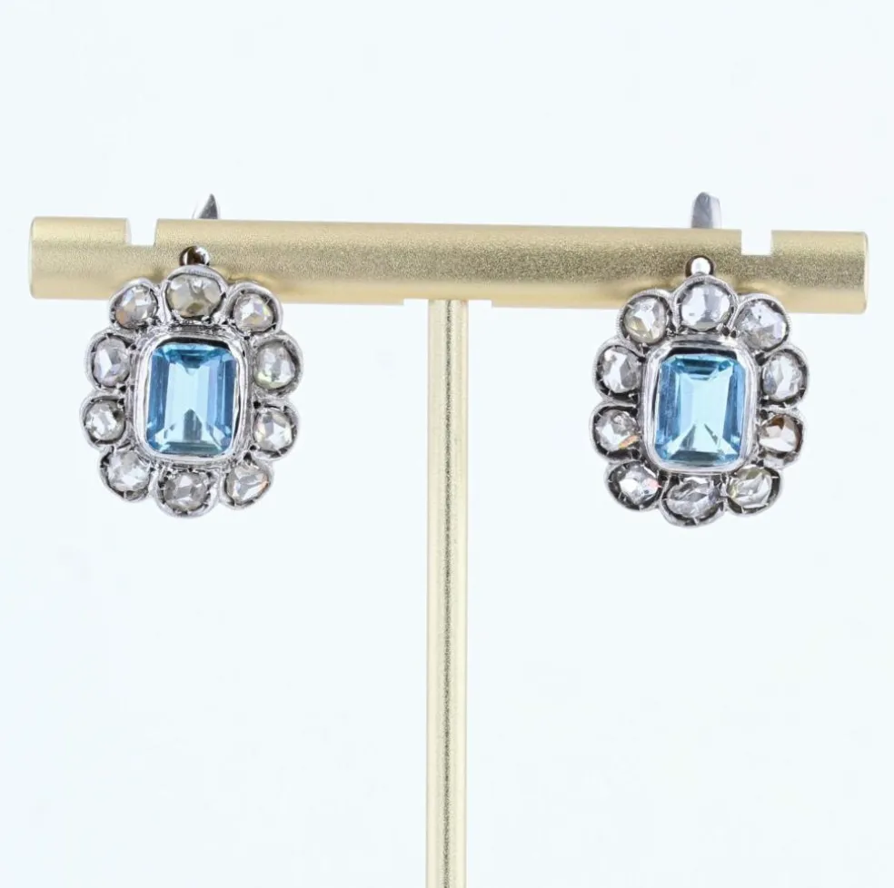 Boucles d'oreilles anciennes marguerites aigue-marines et diamants taillés en rose