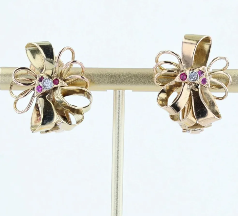 Boucles d'oreilles anciennes vintage nœud or et diamants