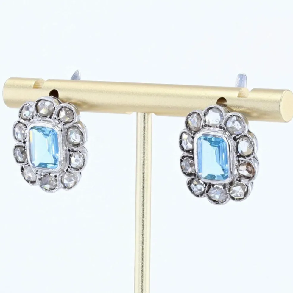 Boucles d'oreilles anciennes marguerites aigue-marines et diamants taillés en rose