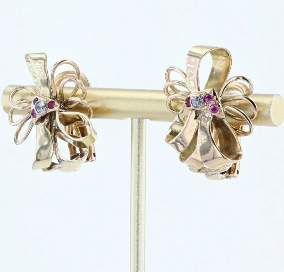 Boucles d'oreilles anciennes vintage nœud or et diamants