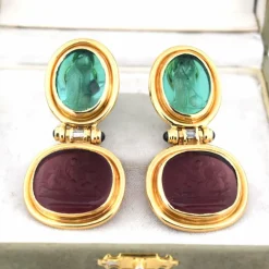 BOUCLES D'OREILLES ANNÉES 1940 AVEC PÂTE DE VERRE - OR JAUNE 18 KT