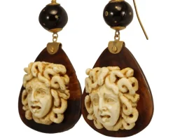 Boucles d'oreilles antiques en or et écaille de tortue avec camées Medusa en ivoire