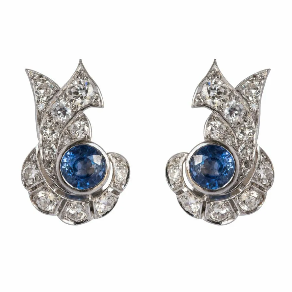 Boucles d'oreilles art déco saphir diamants