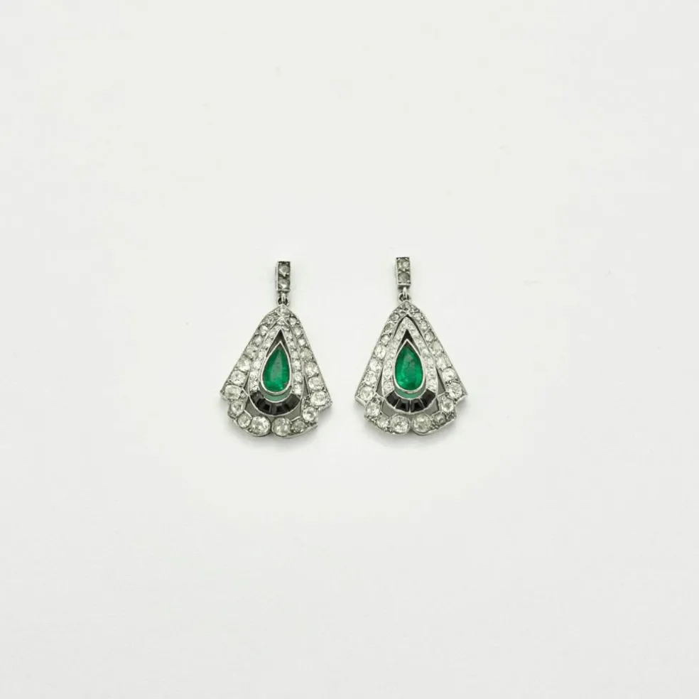 Boucles d'oreilles Art Déco Emeraudes Diamants Onyx
