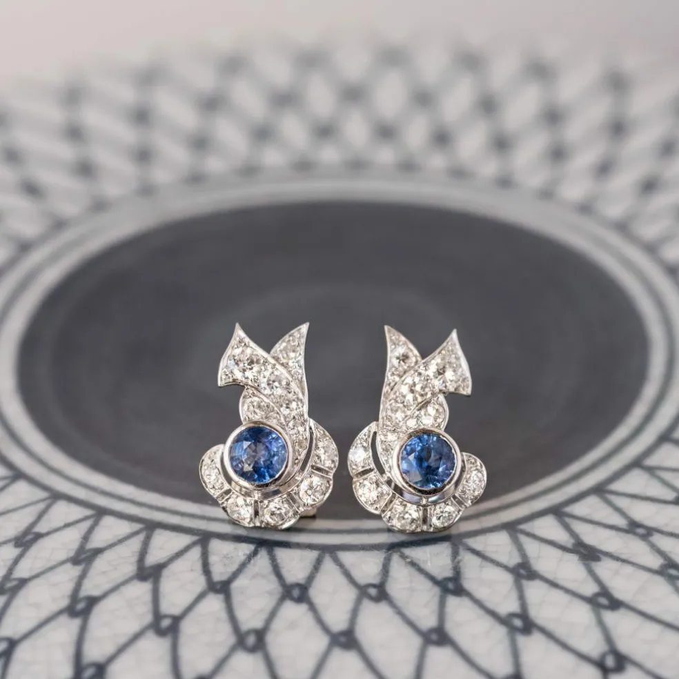Boucles d'oreilles art déco saphir diamants
