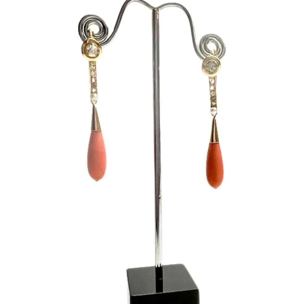 Boucles d'oreilles Art Déco corail perles diamants