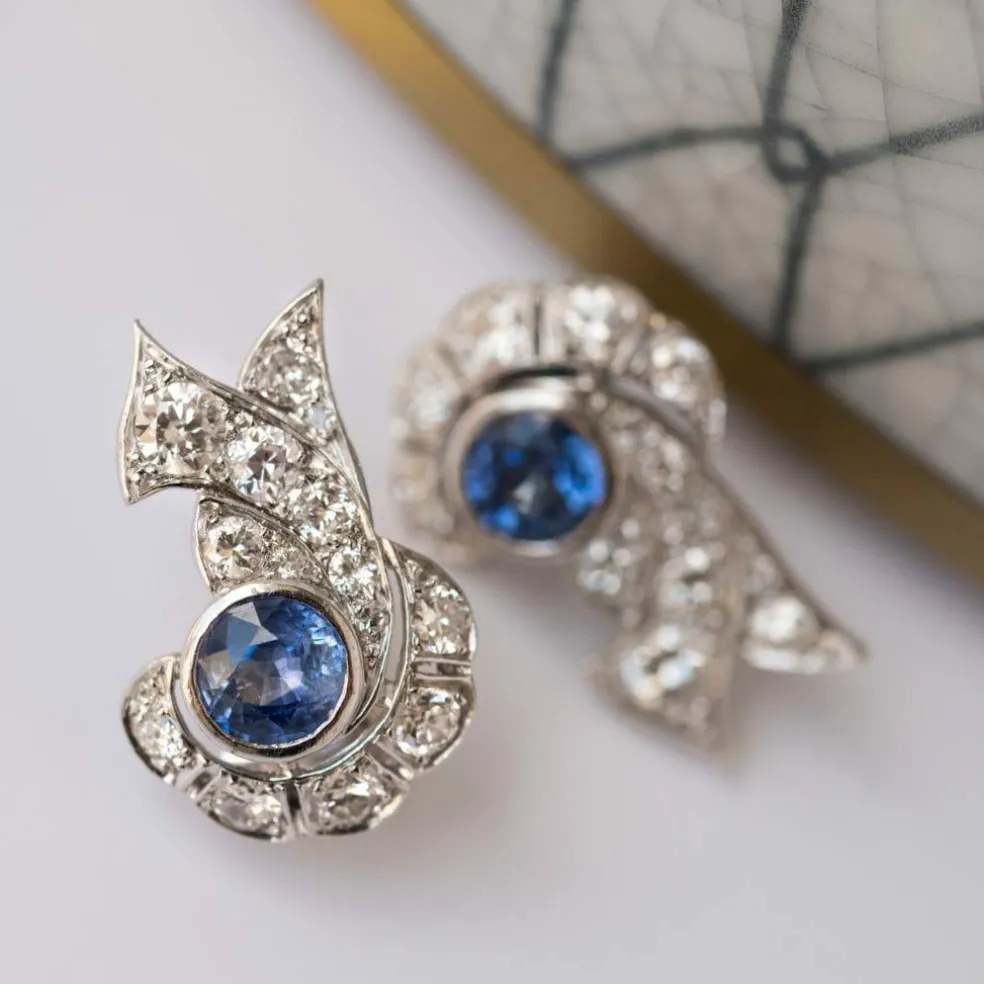 Boucles d'oreilles art déco saphir diamants