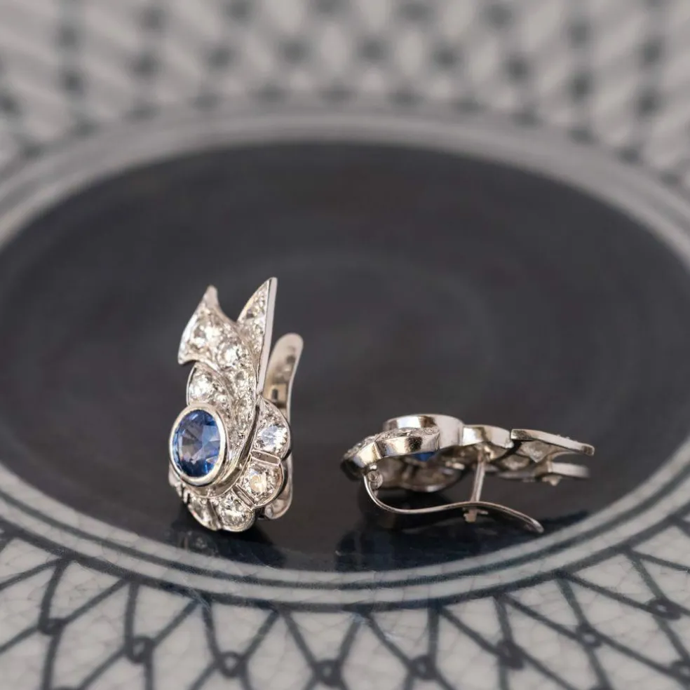 Boucles d'oreilles art déco saphir diamants