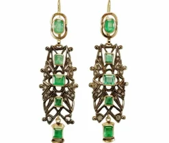 Boucles d'oreilles catalanes antiques en or, diamants et émeraudes