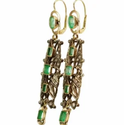 Boucles d'oreilles catalanes antiques en or, diamants et émeraudes