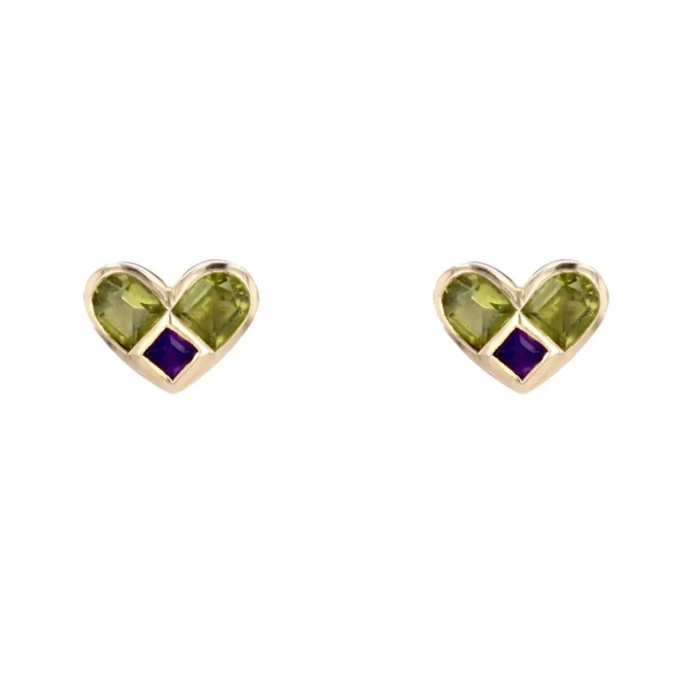 Boucles d'oreilles coeurs péridots et améthystes