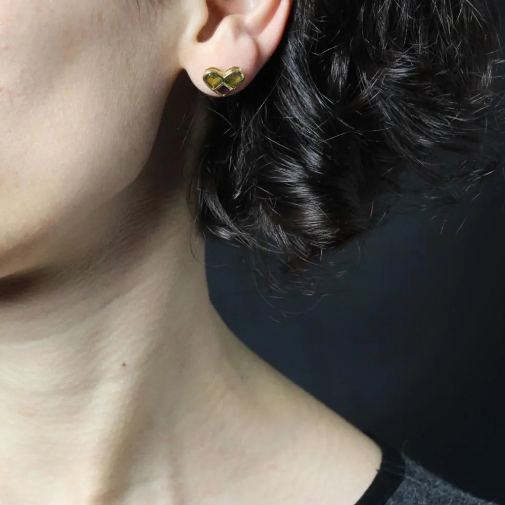 Boucles d'oreilles coeurs péridots et améthystes