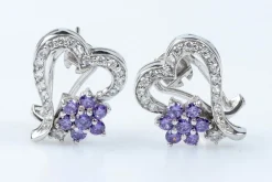Boucles d'oreilles coeurs et fleurs en or blanc 18 carats
