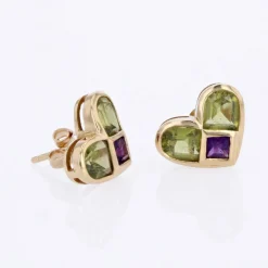 Boucles d'oreilles coeurs péridots et améthystes