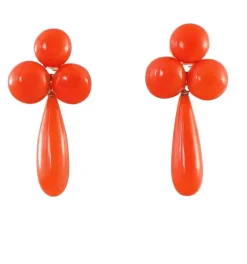 BOUCLES d'OREILLES CORAIL MEDITERRANEEN 3 CABOCHONS et 1 POIRE PENDANTE