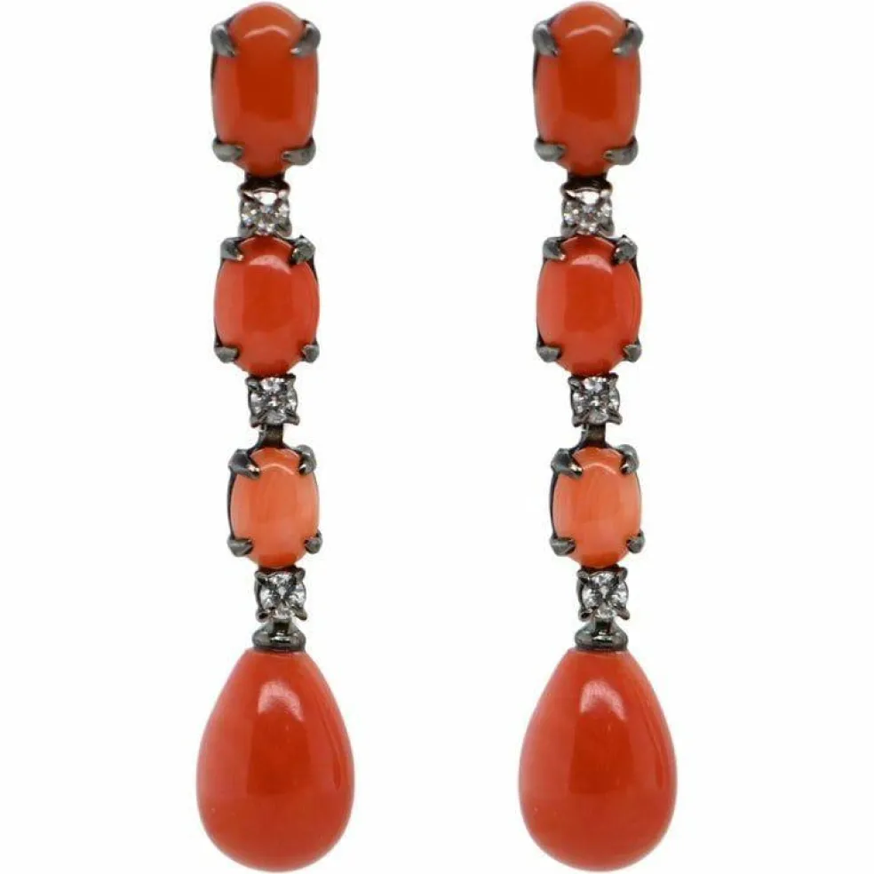 Boucles d'oreilles corail diamants Or noir