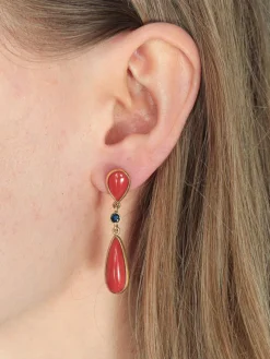 Boucles d'oreilles corail et saphir or jaune