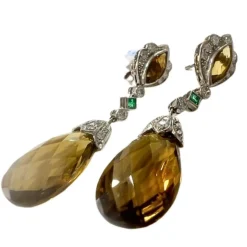 Boucles d'oreilles de style Art Déco en platine sterling avec diamants, émeraude et citrine.