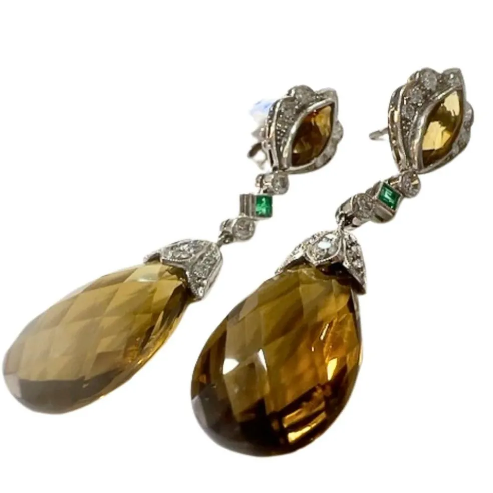 Boucles d'oreilles de style Art Déco en platine sterling avec diamants, émeraude et citrine.