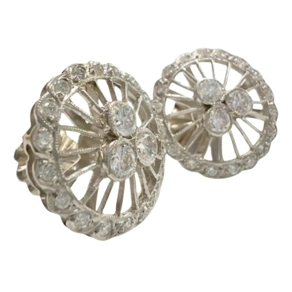 Boucles d'oreilles design Art Déco en platine sterling avec diamants