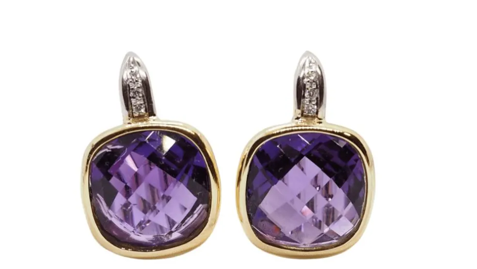 Boucles d'oreilles deux ors, améthyste et diamants