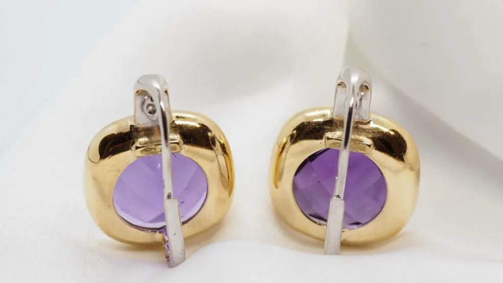 Boucles d'oreilles deux ors, améthyste et diamants