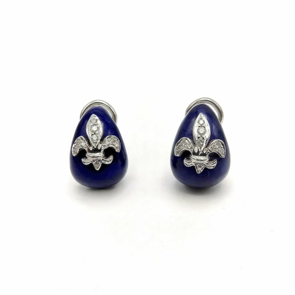Boucles d'oreilles diamant fleur de lys émail hidalgo or blanc