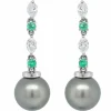 Boucles d'oreilles diamants émeraudes navettes perle