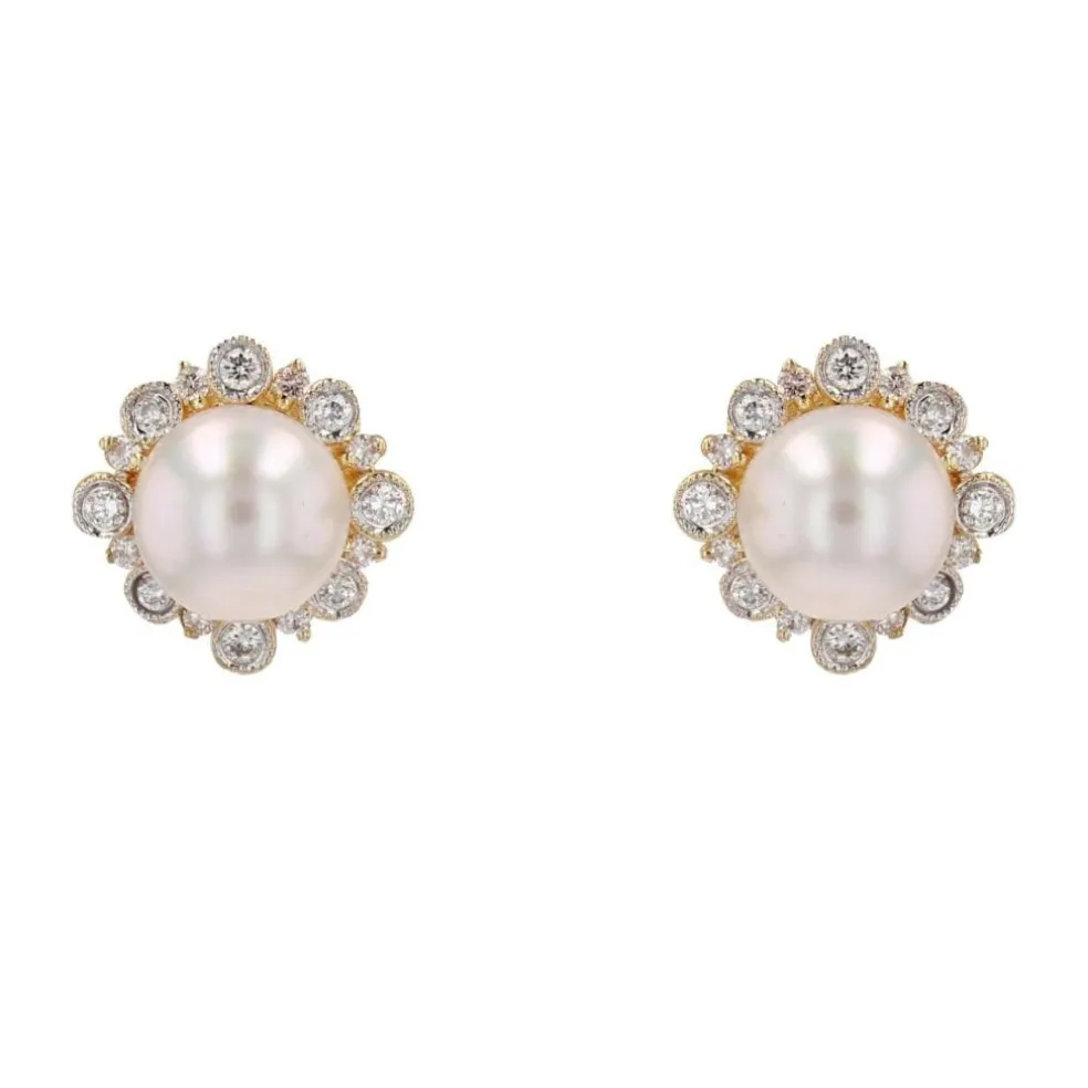 Boucles d'oreilles diamants perle Akoya or jaune