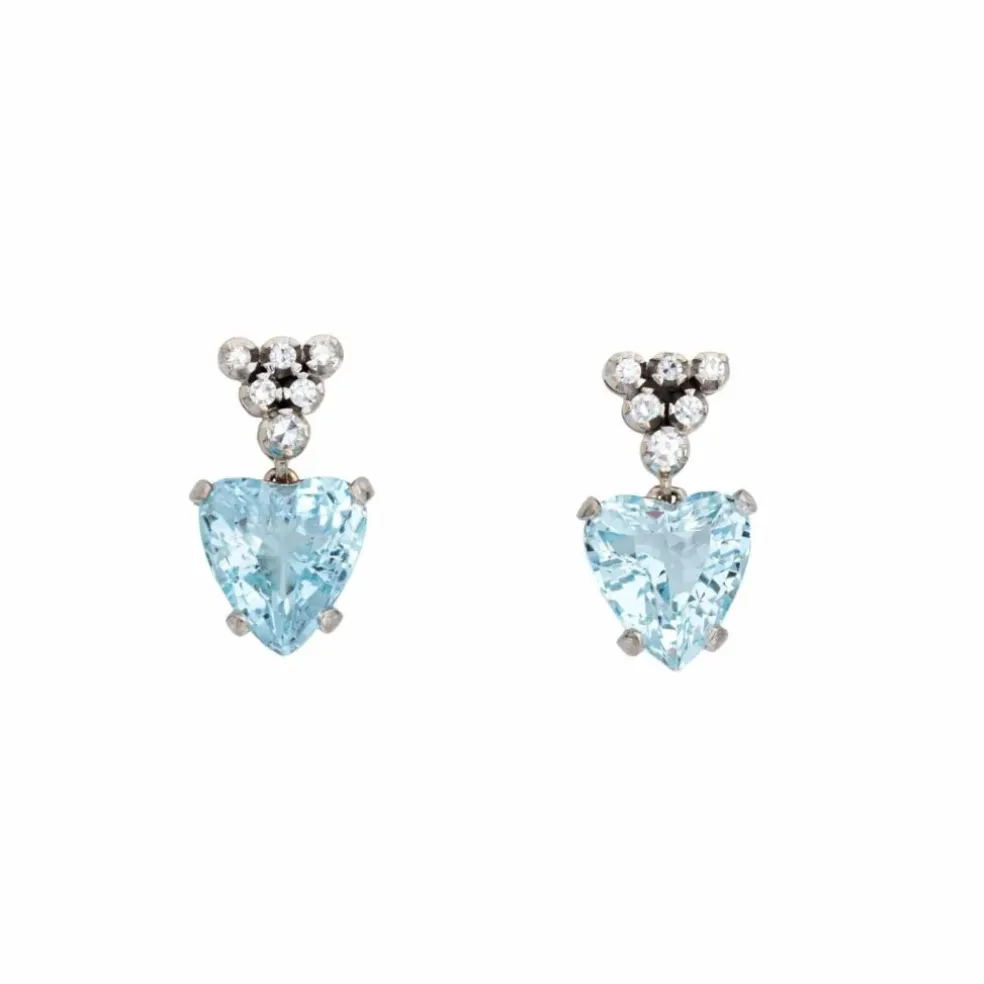 Boucles d'oreilles diamant coeur aigue-marine Vintage or blanc