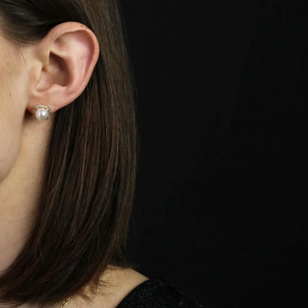 Boucles d'oreilles diamants perle Akoya or jaune