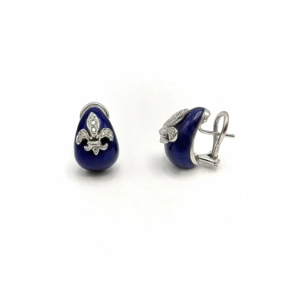 Boucles d'oreilles diamant fleur de lys émail hidalgo or blanc