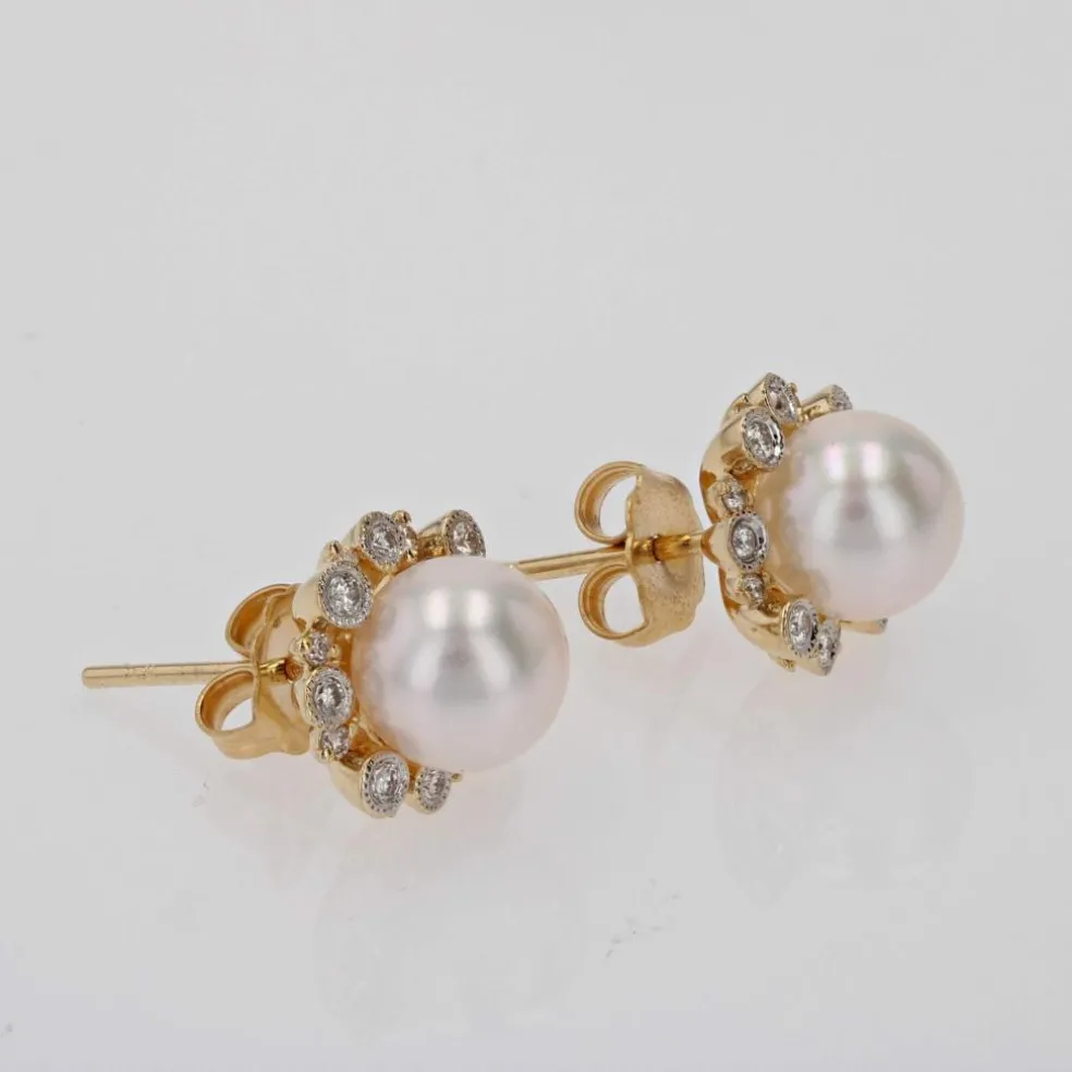 Boucles d'oreilles diamants perle Akoya or jaune