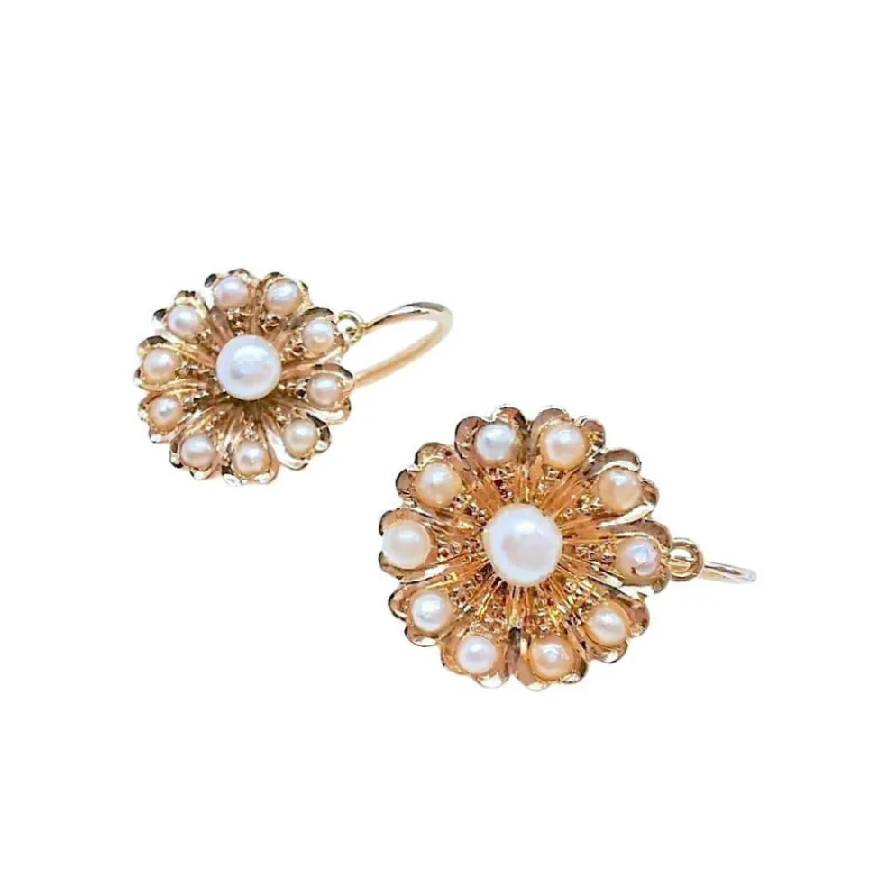 Boucles d'oreilles Dormeuses anciennes Perles de culture Or Rose 18 K