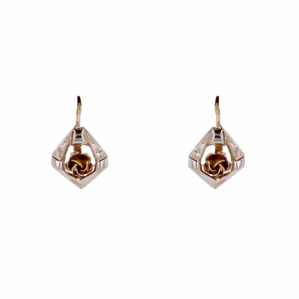 Boucles d'oreilles dormeuses deux ors à la rose