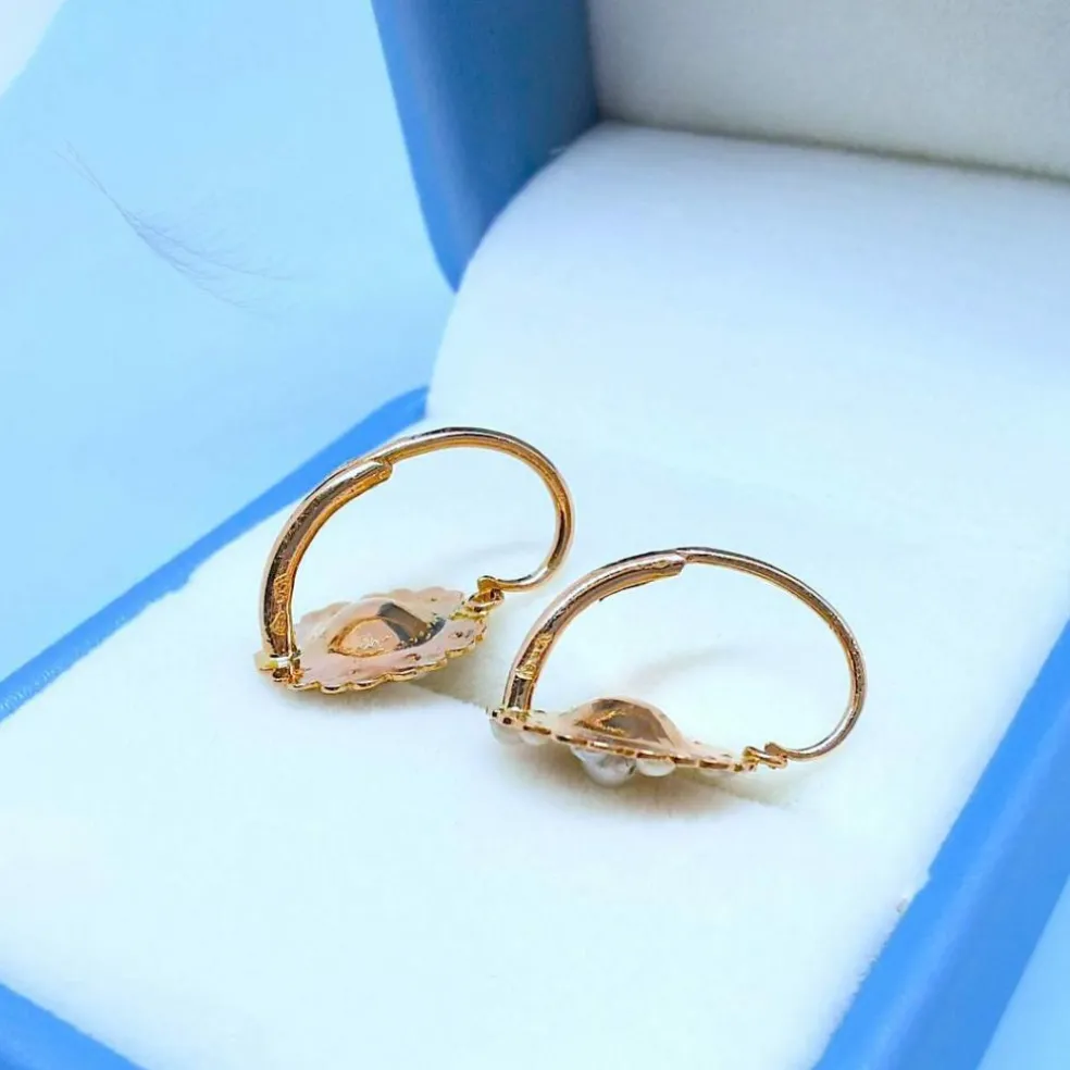 Boucles d'oreilles Dormeuses anciennes Perles de culture Or Rose 18 K