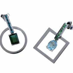 Boucles d'oreilles en aigue-marine, tourmaline, tsavorite et diamant bleu