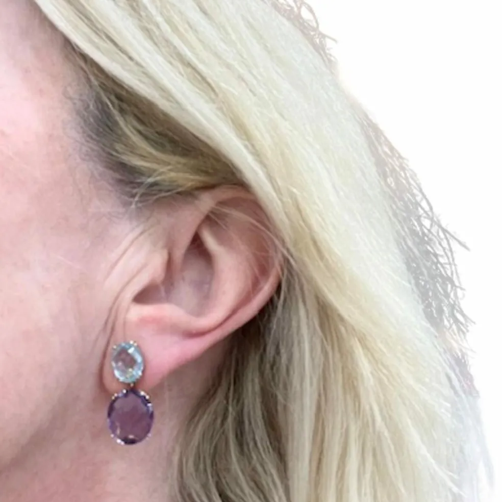 Boucles d'oreilles en or 18 carats avec améthystes et aigue-marine (marque Tous)