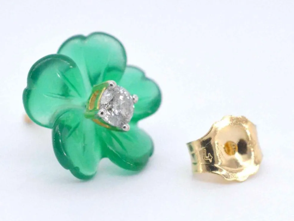 Boucles d'oreilles en or 0,18 carat avec fleur précieuse verte et gros diamants