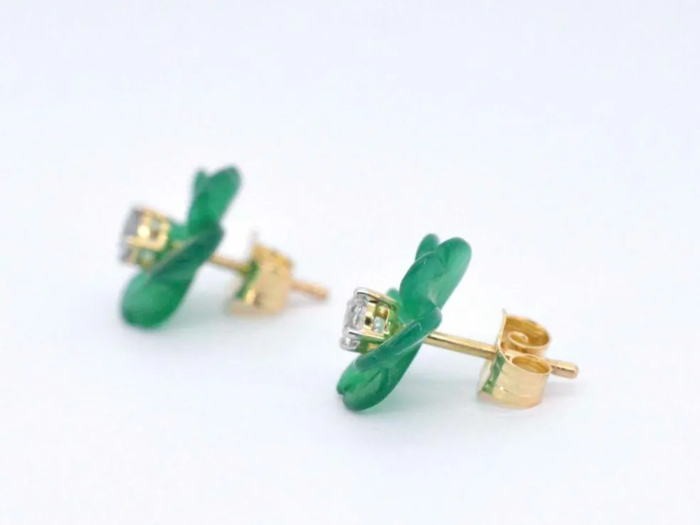 Boucles d'oreilles en or 0,18 carat avec fleur précieuse verte et gros diamants