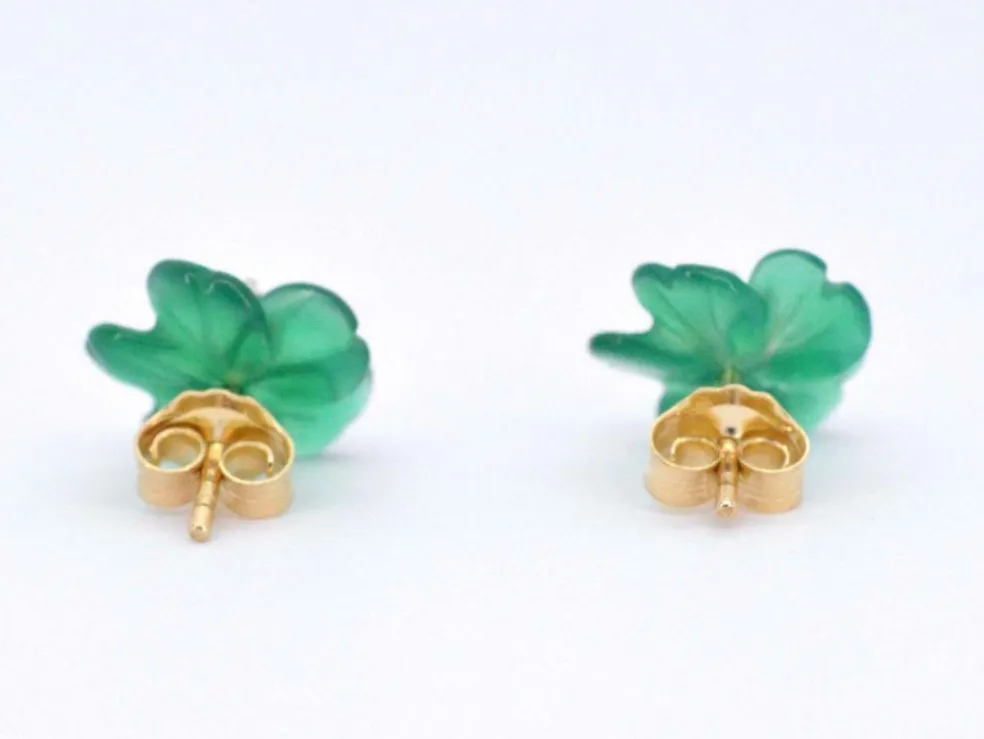Boucles d'oreilles en or 0,18 carat avec fleur précieuse verte et gros diamants