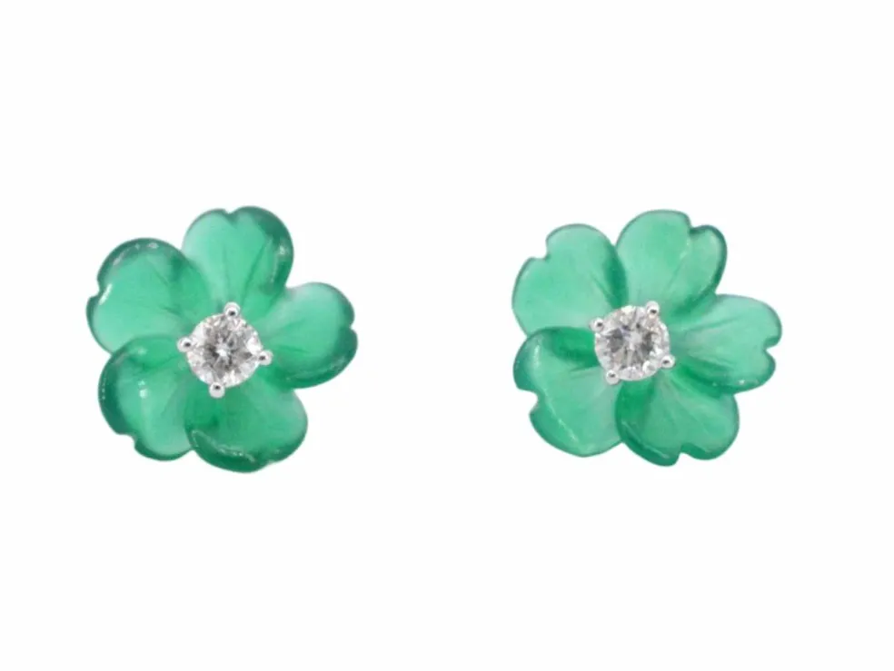 Boucles d'oreilles en or blanc 0,18 carat avec fleur précieuse verte et gros diamants