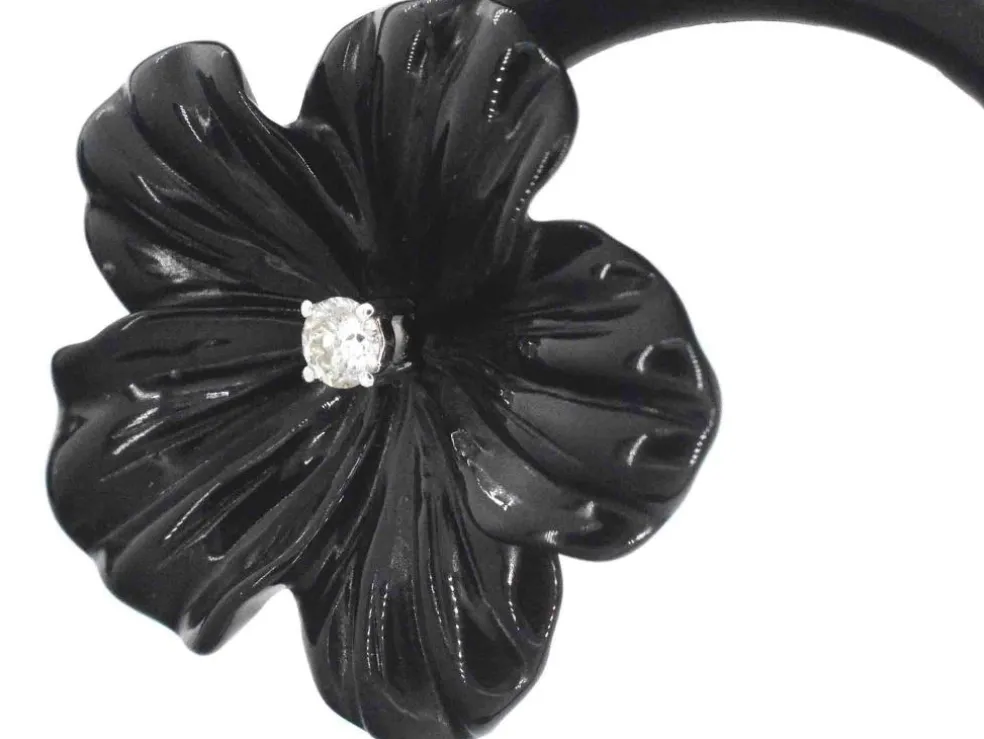 Boucles d'oreilles en or blanc 0,18 carat avec fleur précieuse noire et gros diamants