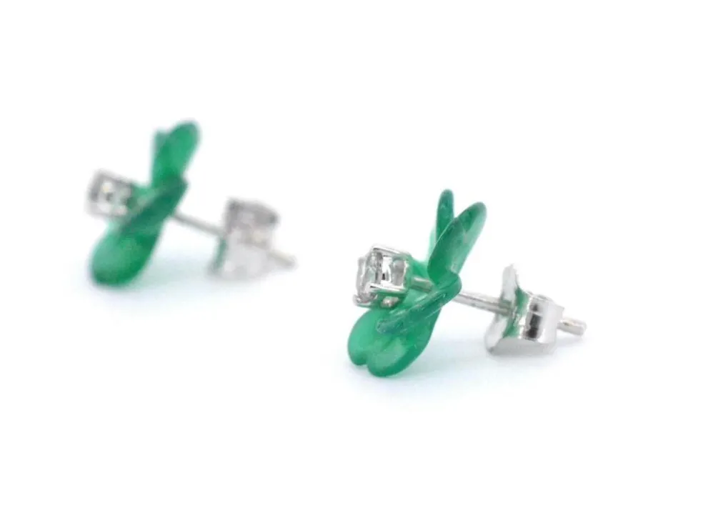 Boucles d'oreilles en or blanc 0,18 carat avec fleur précieuse verte et gros diamants