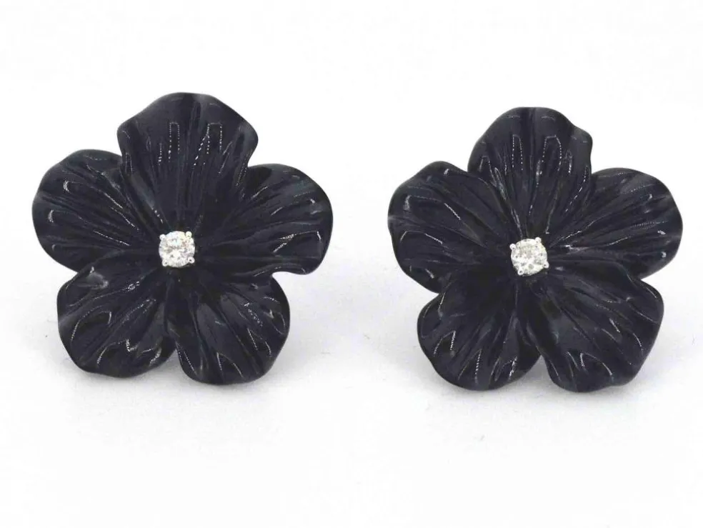 Boucles d'oreilles en or blanc 0,18 carat avec fleur précieuse noire et gros diamants