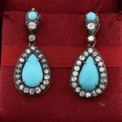 Boucles d'oreilles en or et argent, turquoise naturelle