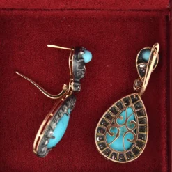 Boucles d'oreilles en or et argent, turquoise naturelle
