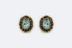 Boucles d'oreilles en or jaune avec saphirs et aigue-marine