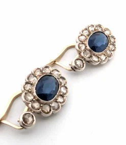 Boucles d'oreilles en or jaune et argent avec saphirs et diamants