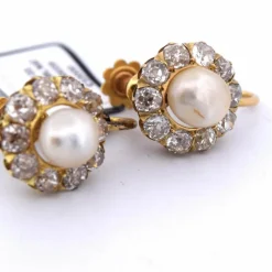 Boucles d'oreilles en or jaune avec diamants et perles, époque victorienne